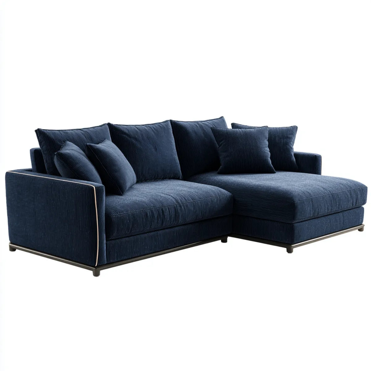 Sofa, 3 fotela narożna fotela granatowy w poliestrowym żebrowanym aksamicie z prawej szezlong 280 x 170 x 85 cm