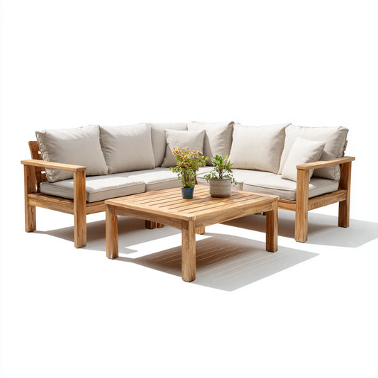 Sofa ogrodowa, 3-częściowy ogród salon zestaw narożna kanapa z beżowy stół acacia drewna 220 x 220 cm