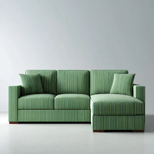 Sofa, 3 fotele proste narożnik kanapa paski zielony poliester kształt 230 x 150 x 85 cm